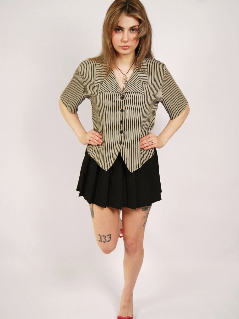 80s Striped Polo (M) medium tan black vintage womens top cropped indie casual